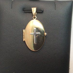 LADIES 10K YELLOW SOLID REAL GOLD OVAL OPENING LOCKET CROSS CHARM PENDANT 3.40gr
